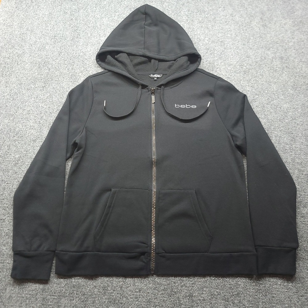 Bebe Sport Womens XL Black Rhinestone Logo Full Zip Fleece Hoodie Sweatshirt